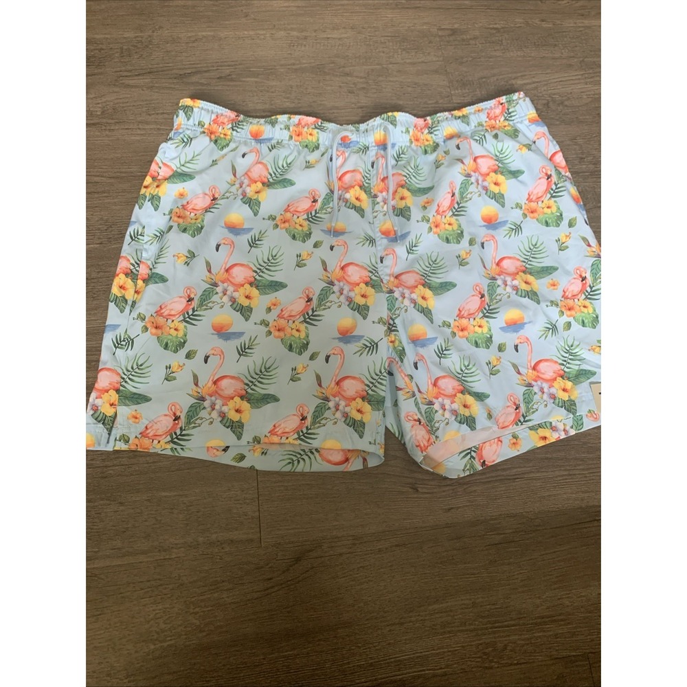 George Mens Blue Topaz Flamingo Swim Shorts Trunks 2XL 7 Inch Inseam